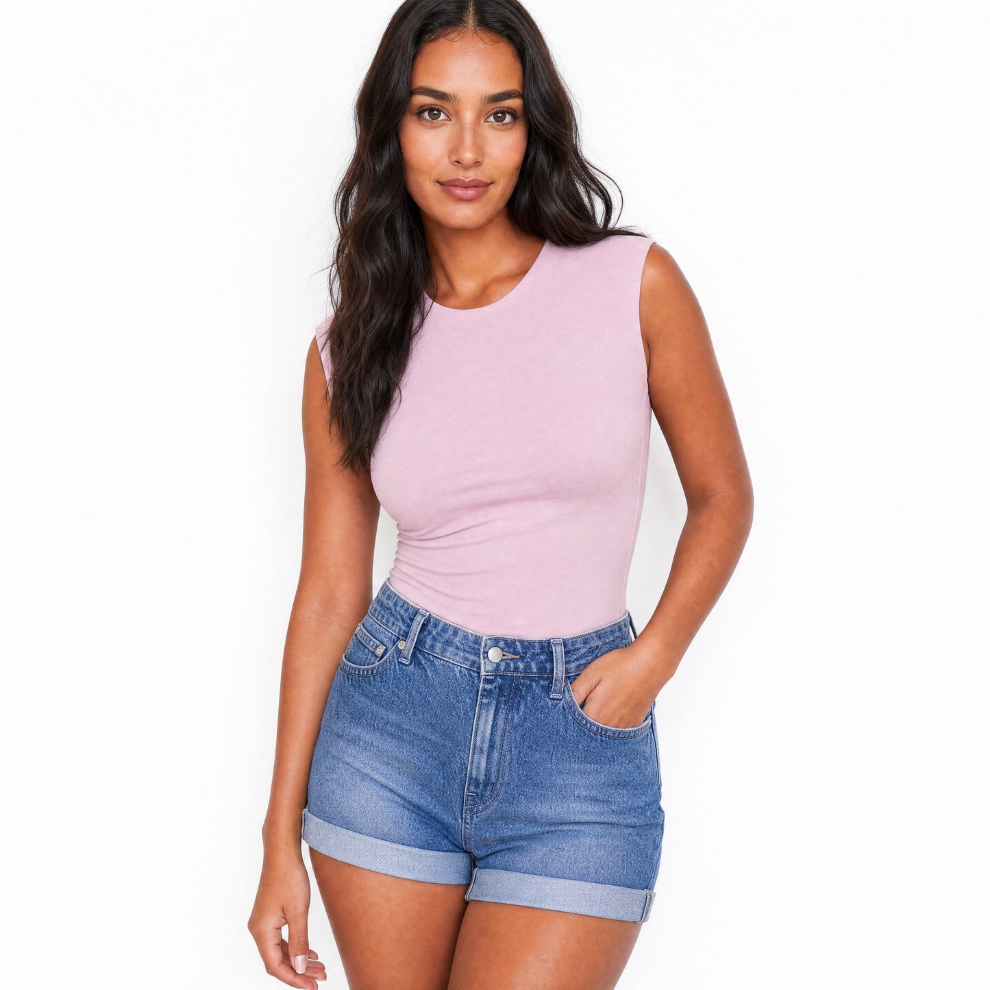 Seamless SeamSoft™ Round Neck Top in Creamy Pink — front, double-layer seamless top — premium Egyptian comfortwear