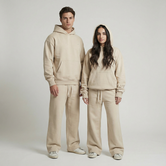 Two people wearing matching beige tracksuits on a plain background