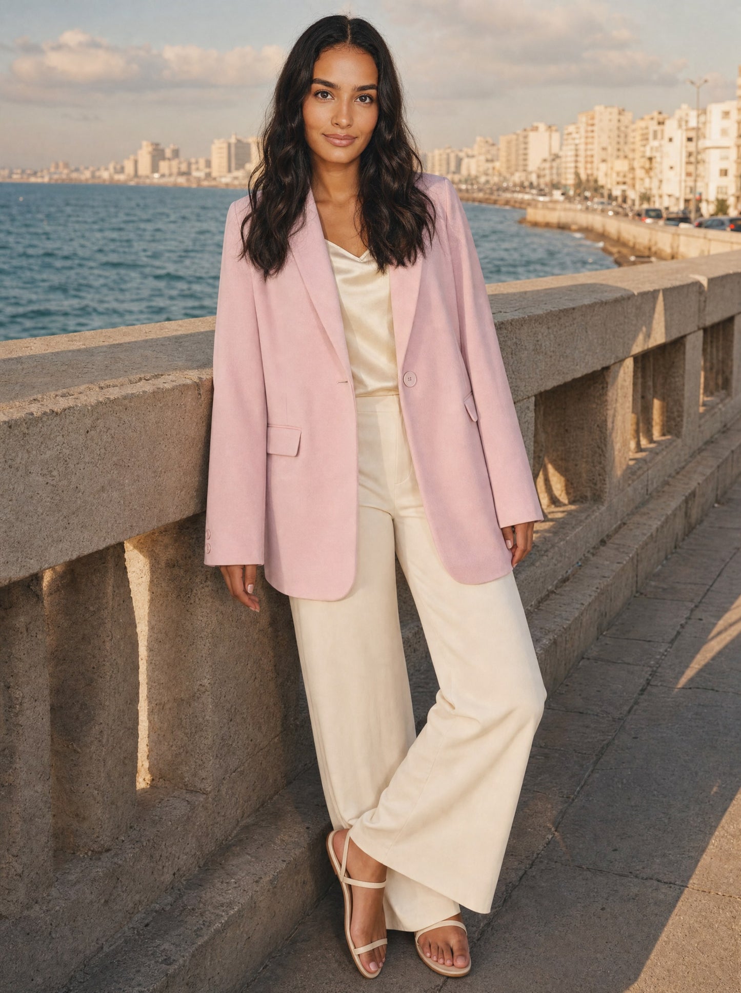 Seamless SeamSoft™ Summer Oversize Blazer in pink — styled on Alexandria corniche at golden hour