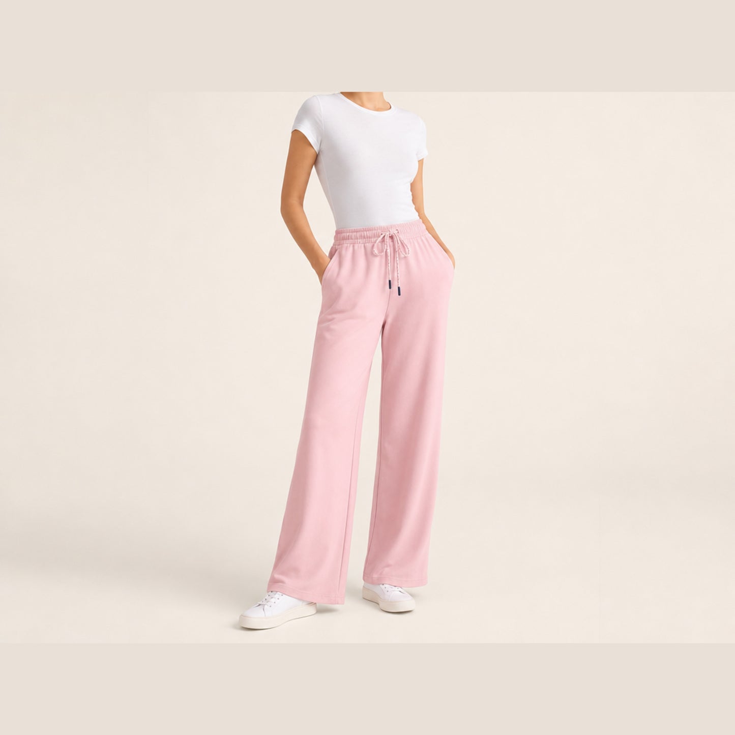 Seamless SeamSoft™ Summer Wide-Leg Pants in powder pink — full length, drawstring waist