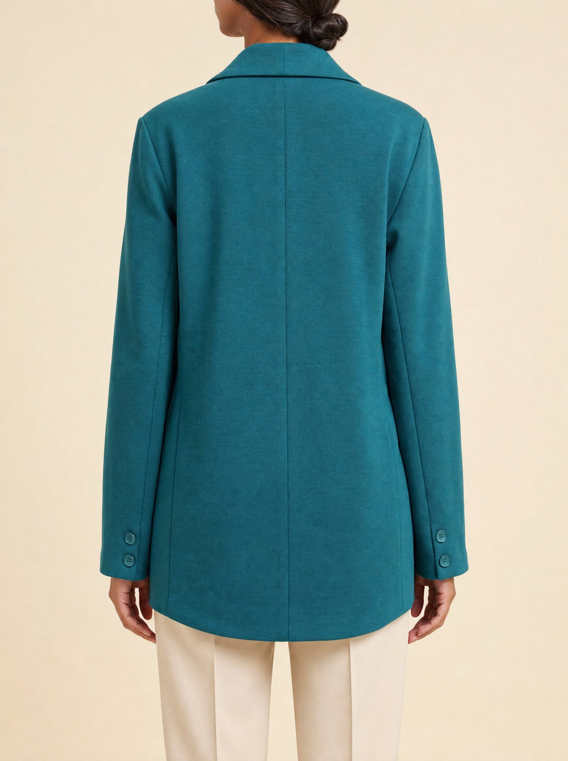 Seamless SeamSoft™ Summer Oversize Blazer in green — back detail view, knit-jersey texture