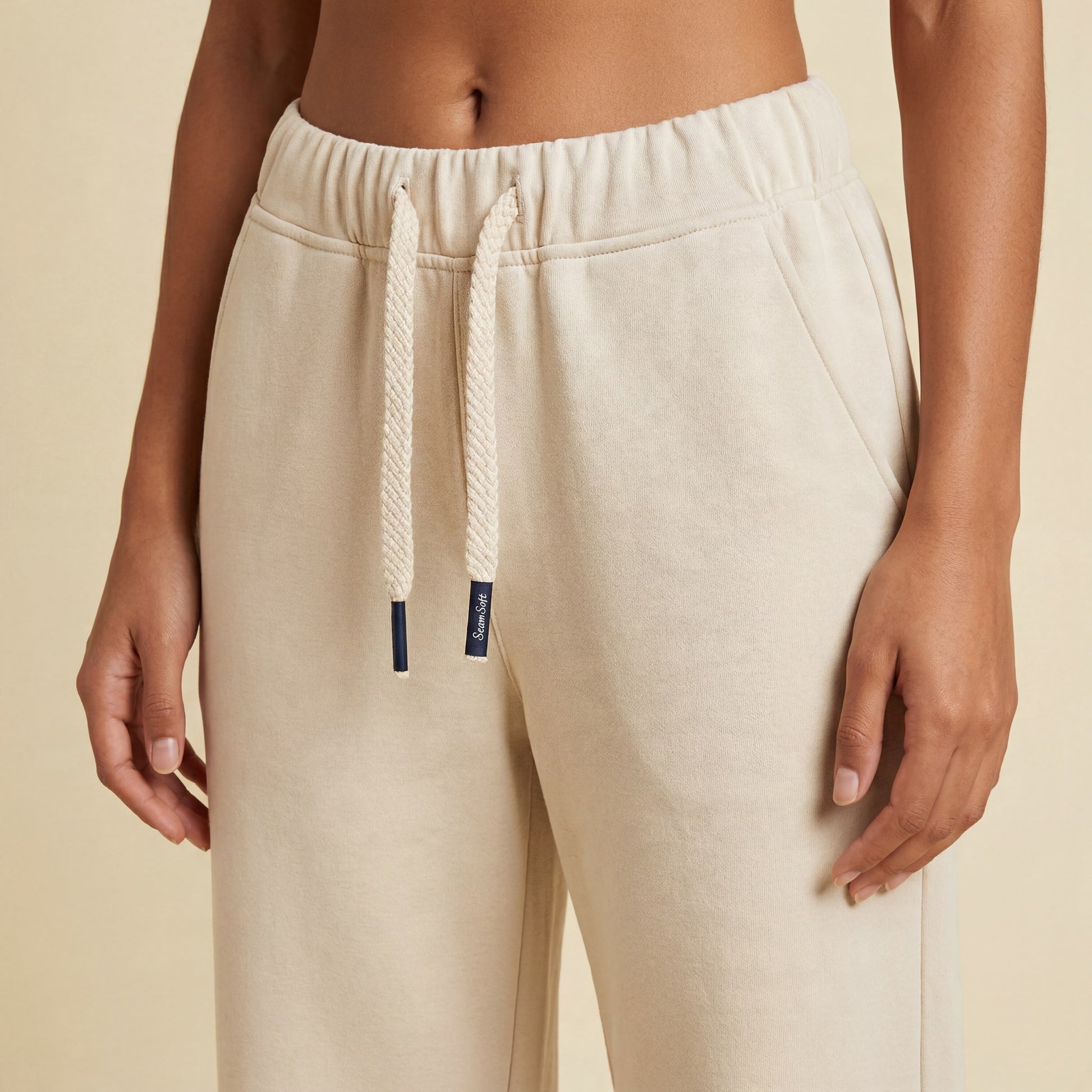Seamless SeamSoft™ Summer Wide-Leg Pants — drawstring waistband detail with braided cord