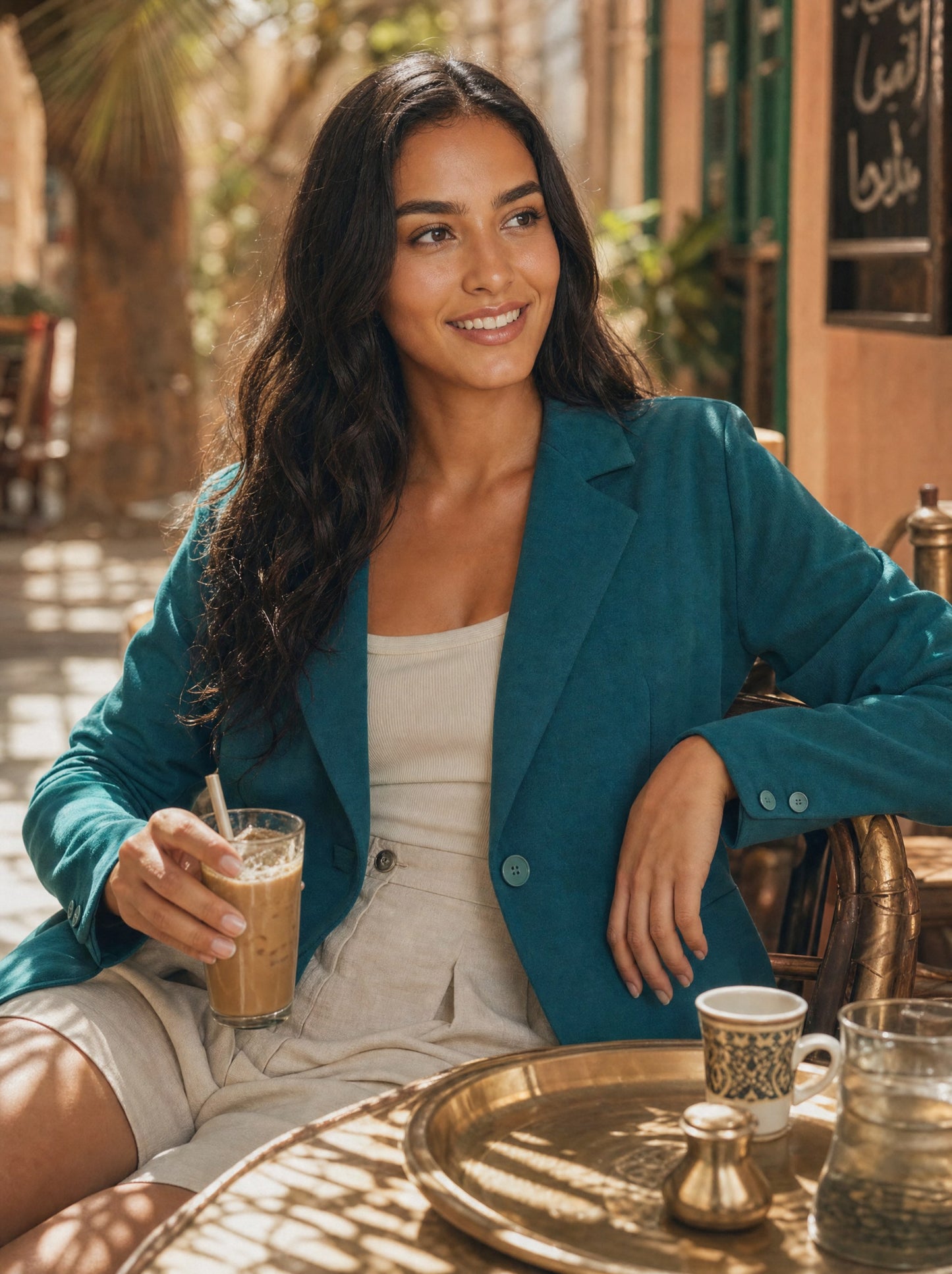 Model wearing Seamless SeamSoft™ Summer Oversize Blazer in green at sunlit Egyptian summer café