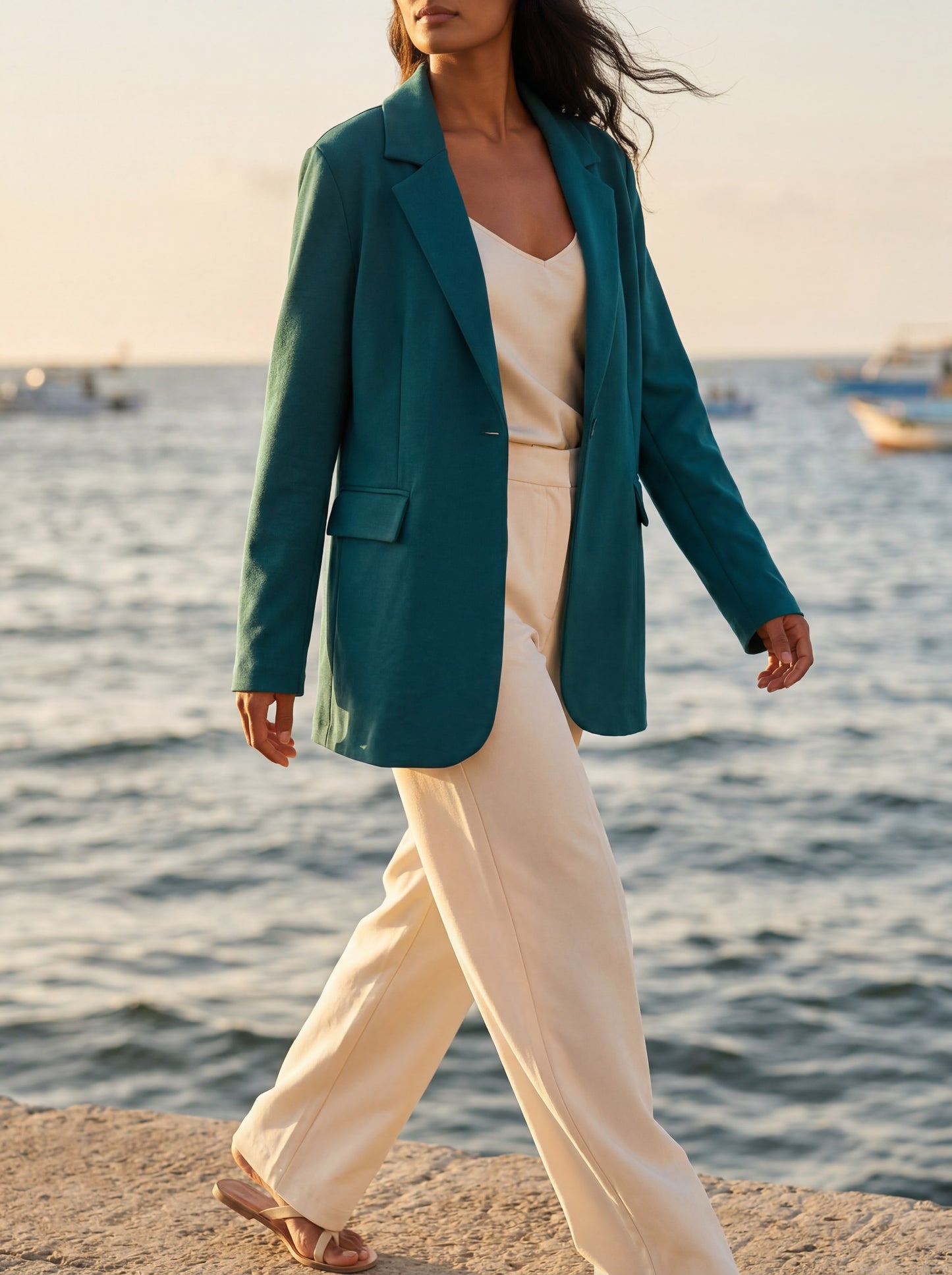 Seamless SeamSoft™ Summer Oversize Blazer in green styled with cream trousers, Mediterranean coast