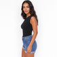 SeamSoft Round Neck Top in black, side view showing the fitted silhouette