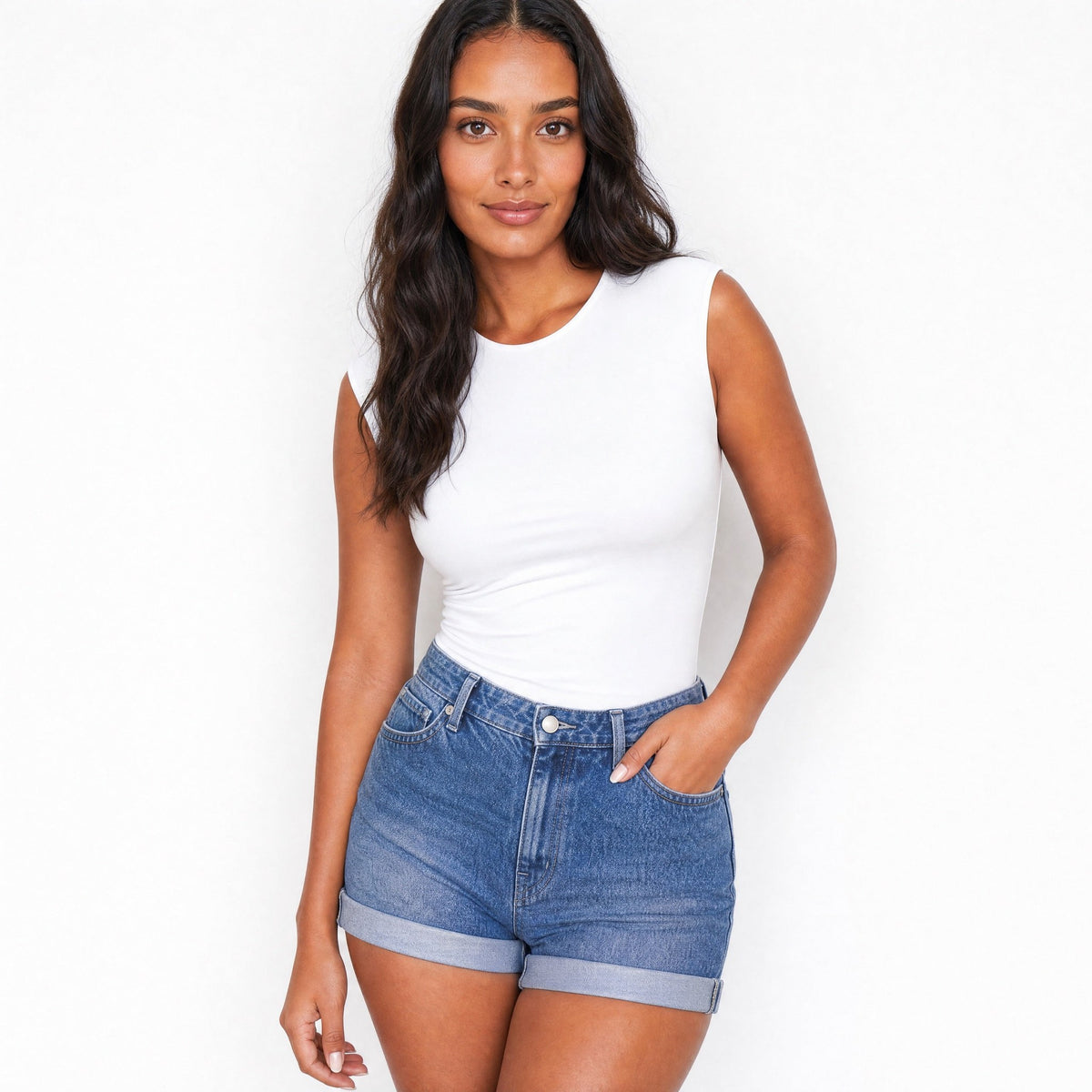 SeamSoft Round Neck Top in white, front, double-layer seamless top