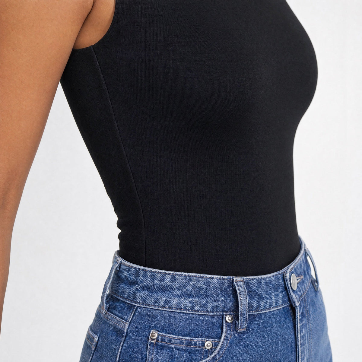 SeamSoft Round Neck Top, fitted waist and side seam showing the double-layer fit