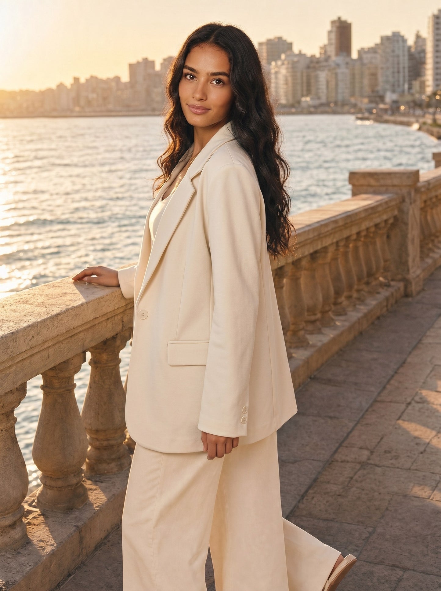 Seamless SeamSoft™ Summer Oversize Blazer in beige — true cream ivory tone, styled on Alexandria corniche at golden hour — premium Egyptian comfortwear