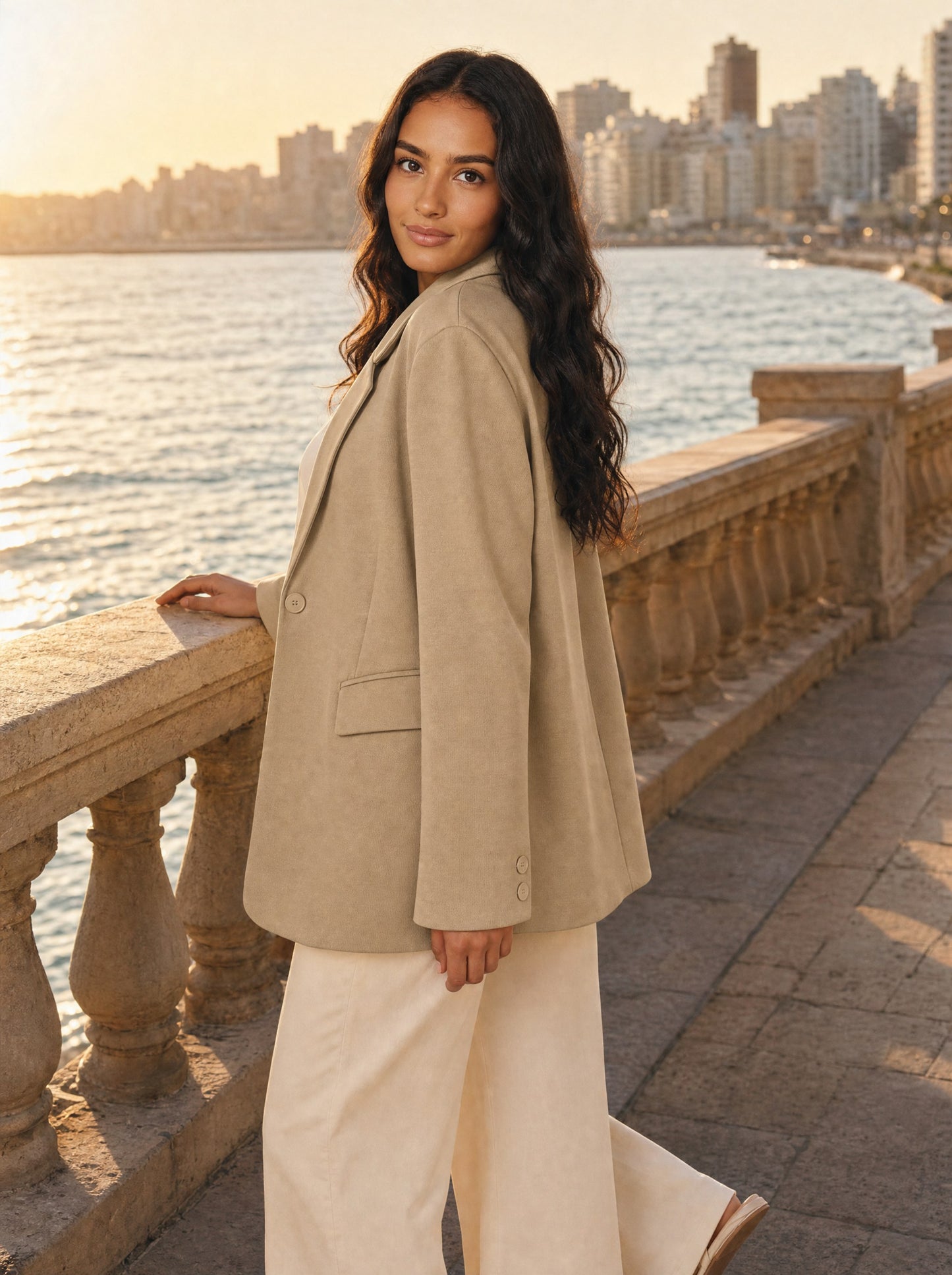 Seamless SeamSoft™ Summer Oversize Blazer in beige — styled on Alexandria corniche at golden hour