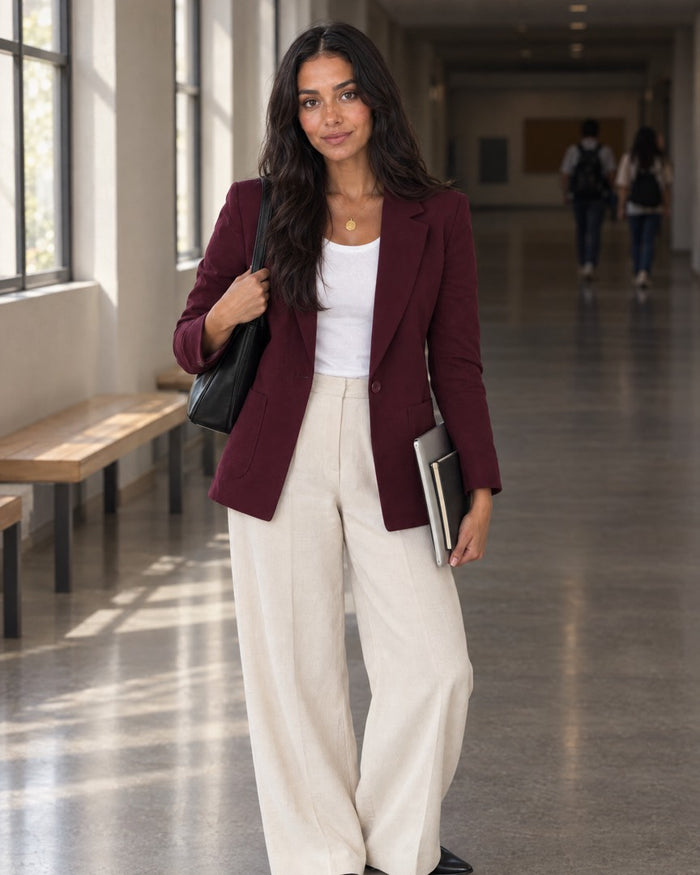 Avi in the burgundy SeamSoft Slim Blazer over the white Short-Sleeve Top, in a university corridor
