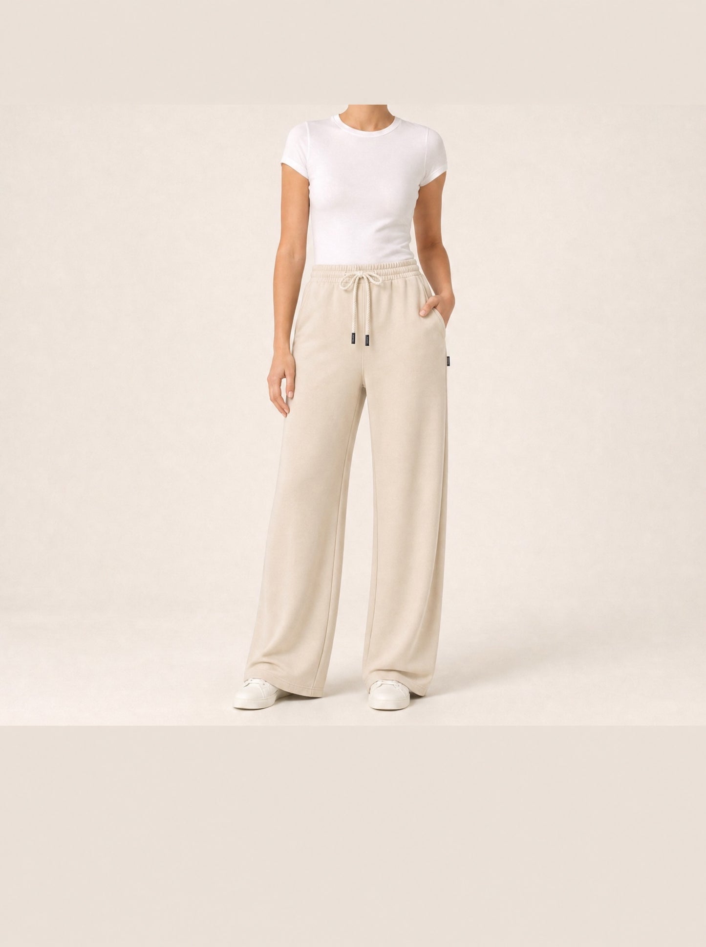 Seamless SeamSoft™ Summer Wide-Leg Pants in beige — full length, drawstring waist