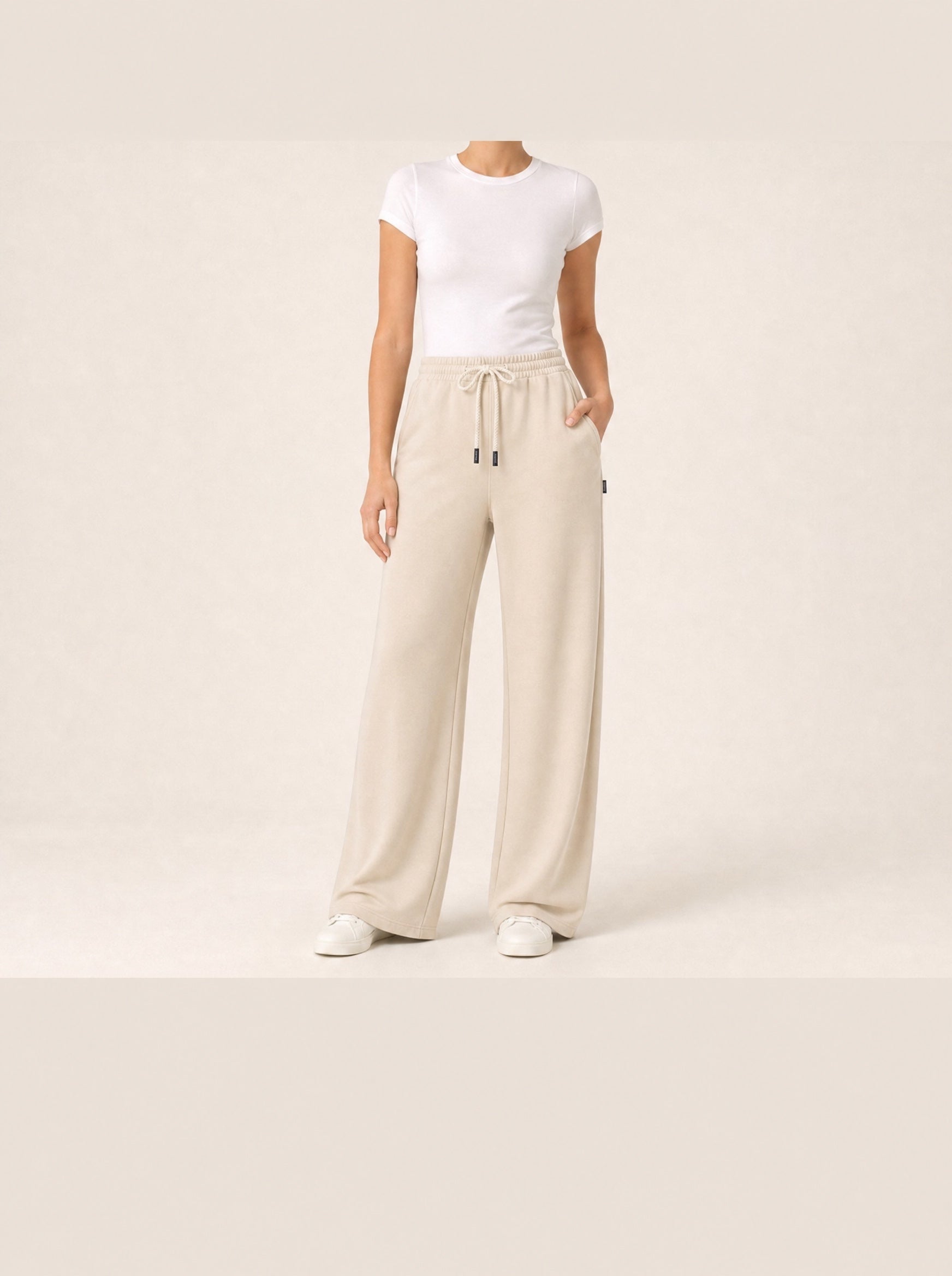 Seamless SeamSoft™ Summer Wide-Leg Pants in beige — full length, drawstring waist