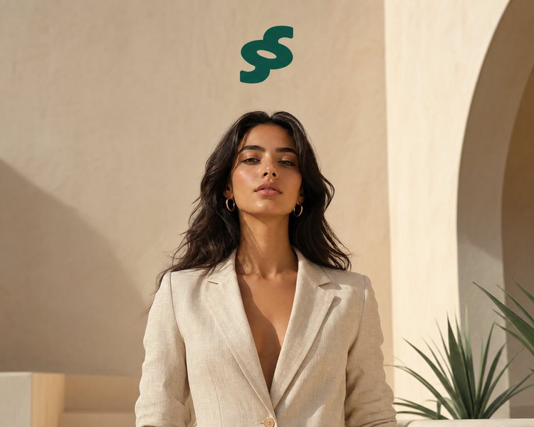 Woman wearing a beige SeamSoft™ summer blazer — Seamless Summer Collection