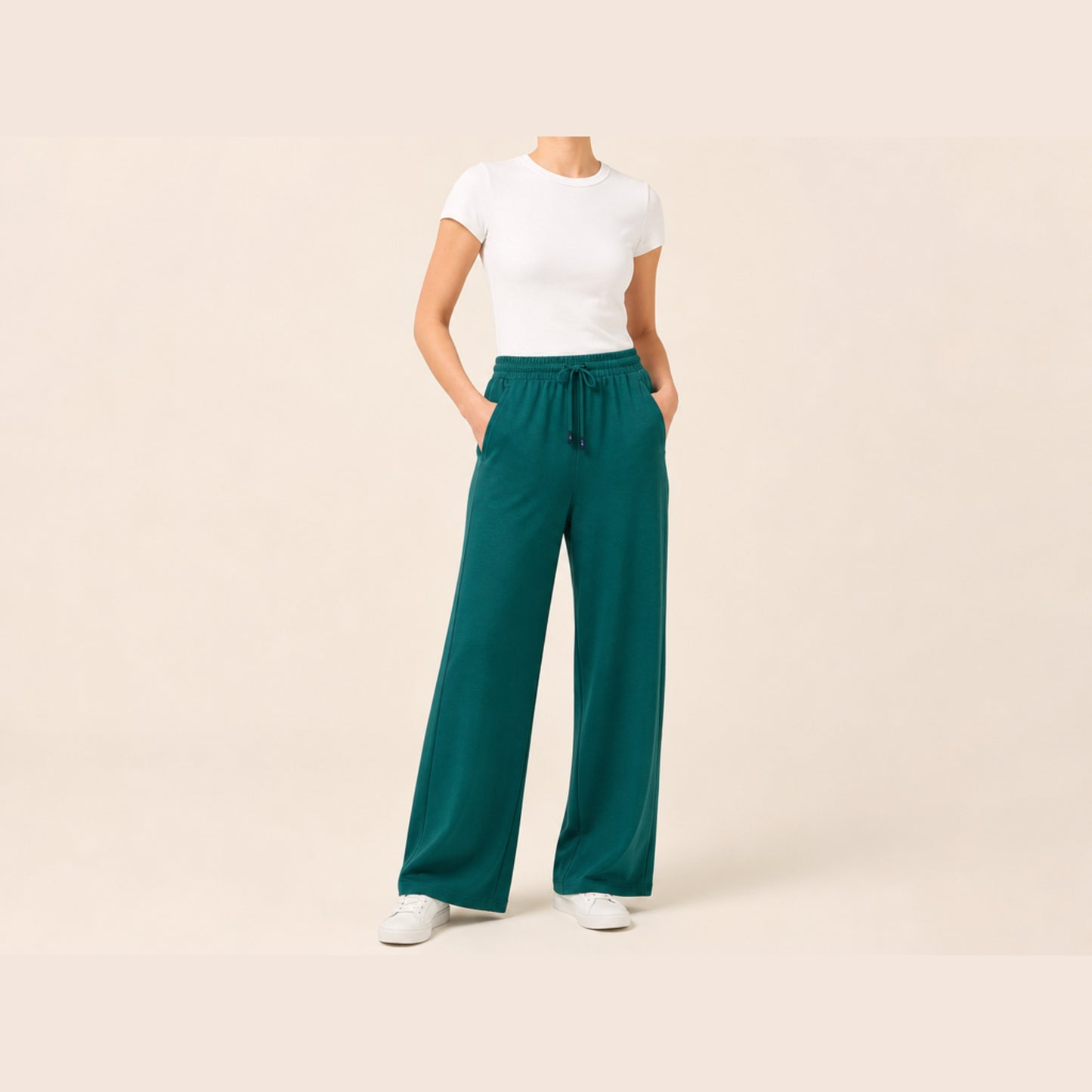 Seamless SeamSoft™ Summer Wide-Leg Pants in teal green — full length, wide-leg drape