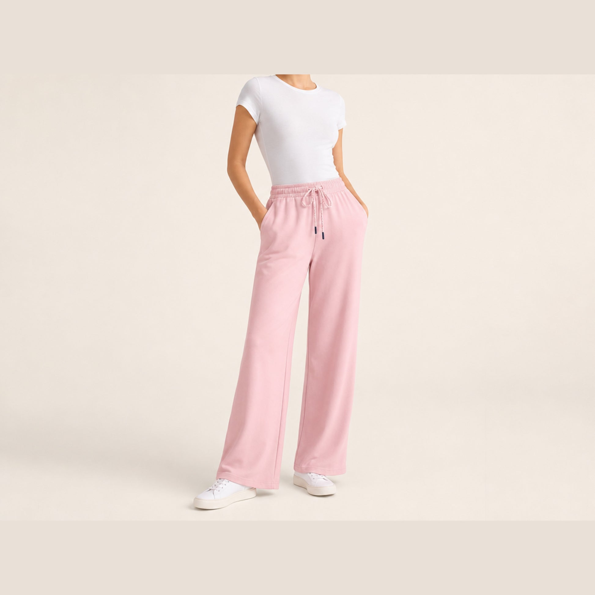 Seamless SeamSoft™ Summer Wide-Leg Pants in powder pink — full length, drawstring waist